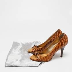 Giuseppe Zanotti Brown Croc Embossed Leather Embellished Open-Toe Pumps Size 39.5