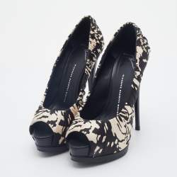 Giuseppe Zanotti Black/Cream Printed Satin Peep Toe Platform Pumps Size 39.5