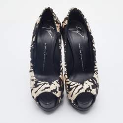 Giuseppe Zanotti Black/Cream Printed Satin Peep Toe Platform Pumps Size 39.5