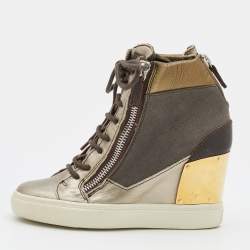 Pre Owned Giuseppe Zanotti Multicolor Canvas And Leather High Top Wedge Sneakers Size 37.5