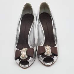 Giuseppe Zanotti Silver/Brown Leather Bow Crystal Embellished Peep Toe Pumps Size 37.5