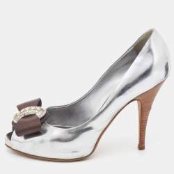 Giuseppe Zanotti Silver/Brown Leather Bow Crystal Embellished Peep Toe Pumps Size 37.5