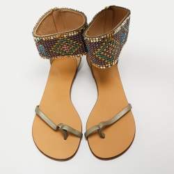 Giuseppe Zanotti Green Leather Embellished Ankle Wrap Flat Sandals Size 38.5