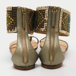 Giuseppe Zanotti Green Leather Embellished Ankle Wrap Flat Sandals Size 38.5