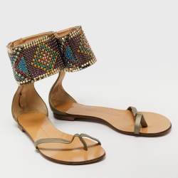 Giuseppe Zanotti Green Leather Embellished Ankle Wrap Flat Sandals Size 38.5