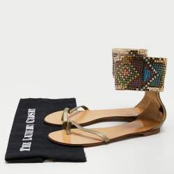 Giuseppe Zanotti Green Leather Embellished Ankle Wrap Flat Sandals Size 38.5