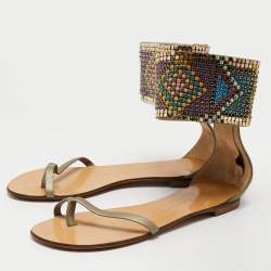 Giuseppe Zanotti Green Leather Embellished Ankle Wrap Flat Sandals Size 38.5