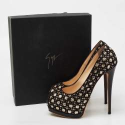 Pre Owned Giuseppe Zanotti Black Glitter And Lace Liza Peep Toe Platform Pumps Size 39.5