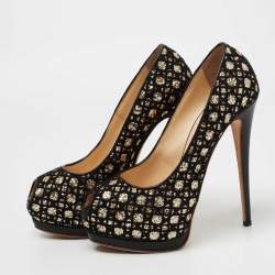 Pre Owned Giuseppe Zanotti Black Glitter And Lace Liza Peep Toe Platform Pumps Size 39.5