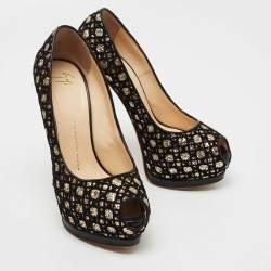 Pre Owned Giuseppe Zanotti Black Glitter And Lace Liza Peep Toe Platform Pumps Size 39.5
