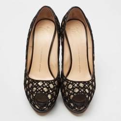 Pre Owned Giuseppe Zanotti Black Glitter And Lace Liza Peep Toe Platform Pumps Size 39.5