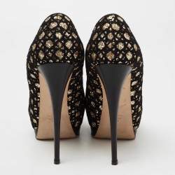 Pre Owned Giuseppe Zanotti Black Glitter And Lace Liza Peep Toe Platform Pumps Size 39.5
