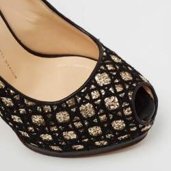 Pre Owned Giuseppe Zanotti Black Glitter And Lace Liza Peep Toe Platform Pumps Size 39.5