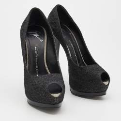 Pre Owned Giuseppe Zanotti Metallic Black Lurex Fabric Sharon Peep Toe Platform Pumps Size 37