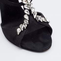 Giuseppe Zanotti Black Satin Crystal Embellished Strappy Sandals Size 37.5