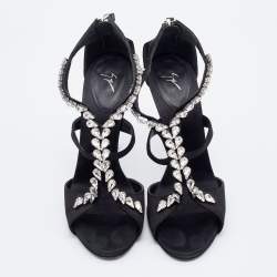 Giuseppe Zanotti Black Satin Crystal Embellished Strappy Sandals Size 37.5