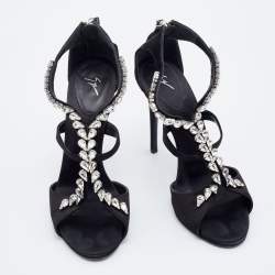 Giuseppe Zanotti Black Satin Crystal Embellished Strappy Sandals Size 37.5