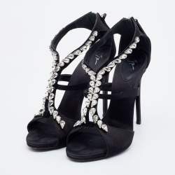 Giuseppe Zanotti Black Satin Crystal Embellished Strappy Sandals Size 37.5