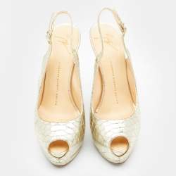 مملوكة مسبقًا Giuseppe Zanotti Gold Python Embossed Leather Peep Toe Platform Slingback Pumps Size 38