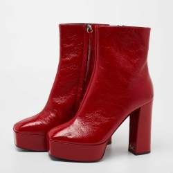 Pre Owned Giuseppe Zanotti Red Leather Morgana Square Toe Ankle Boots Size 39