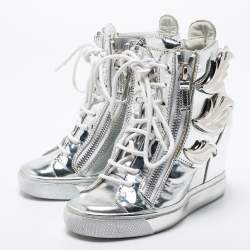 Giuseppe Zanotti Silver Patent Leather Wedge Sneakers Size 35
