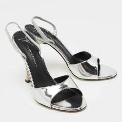 مملوكة مسبقًا Giuseppe Zanotti Silver Patent Leather Lilibeth Slingback Sandals Size 38