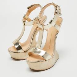 Pre Owned Giuseppe Zanotti Metallic Gold Leather Heelless Platform Sandals Size 39