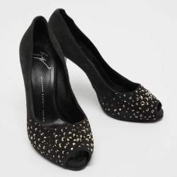 Giuseppe Zanotti Grey Suede Embellished Peep Toe Pumps Size 38.5
