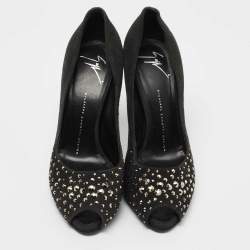 Giuseppe Zanotti Grey Suede Embellished Peep Toe Pumps Size 38.5