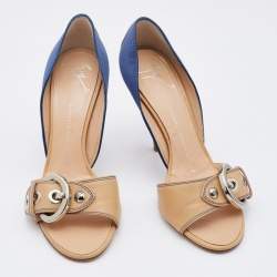 Pre Owned Giuseppe Zanotti Blue/Beige Satin and Leather Buckle Side Sandals Size 37