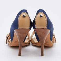 Pre Owned Giuseppe Zanotti Blue/Beige Satin and Leather Buckle Side Sandals Size 37