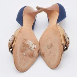 Pre Owned Giuseppe Zanotti Blue/Beige Satin and Leather Buckle Side Sandals Size 37