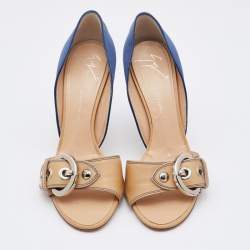 Pre Owned Giuseppe Zanotti Blue/Beige Satin and Leather Buckle Side Sandals Size 37