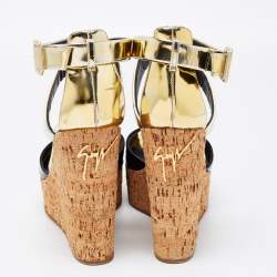 Pre Owned Giuseppe Zanotti Black/Gold Patent Leather Wedge Sandals Size 39