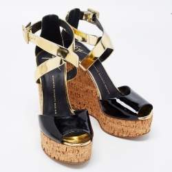 Pre Owned Giuseppe Zanotti Black/Gold Patent Leather Wedge Sandals Size 39