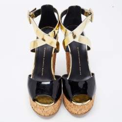 Pre Owned Giuseppe Zanotti Black/Gold Patent Leather Wedge Sandals Size 39