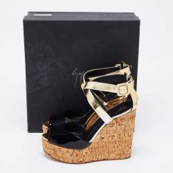 Pre Owned Giuseppe Zanotti Black/Gold Patent Leather Wedge Sandals Size 39