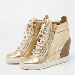Pre Owned Giuseppe Zanotti Gold Leather High Top Wedge Sneakers Size 37