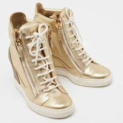Pre Owned Giuseppe Zanotti Gold Leather High Top Wedge Sneakers Size 37