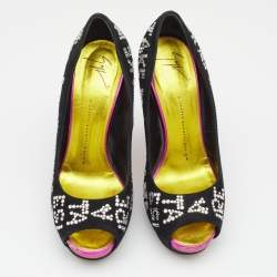 Giuseppe Zanotti Black Suede Crystal Embellished Peep Toe Platform Pumps Size 39.5