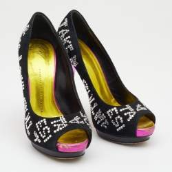 Giuseppe Zanotti Black Suede Crystal Embellished Peep Toe Platform Pumps Size 39.5