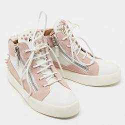 مملوكة مسبقًا Giuseppe Zanotti Pink/White Suede and Leather Double Zipper High Top Sneakers Size 37