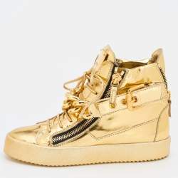 Pre Owned Giuseppe Zanotti Metallic Gold Leather Chain High Top Sneakers Size 39