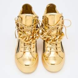 Pre Owned Giuseppe Zanotti Metallic Gold Leather Chain High Top Sneakers Size 39