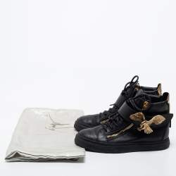 Pre Owned Giuseppe Zanotti Black Leather Eagle Strap High Top Sneakers Size 37.5