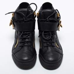 Pre Owned Giuseppe Zanotti Black Leather Eagle Strap High Top Sneakers Size 37.5