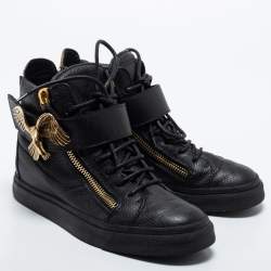Pre Owned Giuseppe Zanotti Black Leather Eagle Strap High Top Sneakers Size 37.5