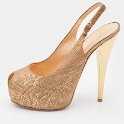 Giuseppe Zanotti Metallic Gold Leather Peep Toe Platform Slingback Pumps Size 37