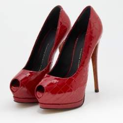 Pre Owned Giuseppe Zanotti Red Croc Embossed Patent Leather Peep Toe Platform Pumps Size 37