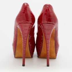 Pre Owned Giuseppe Zanotti Red Croc Embossed Patent Leather Peep Toe Platform Pumps Size 37
